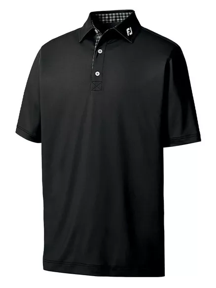 FootJoy Pique Solid Gingham Trim Golf Shirt (Athletic Fit) - Black